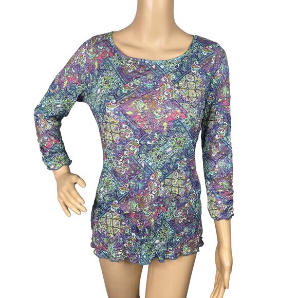 Sno Skins Colorful Crinkle Geometric Aztec Ethnic Print Mesh Knit Top SZ XS - Picture 1 of 12